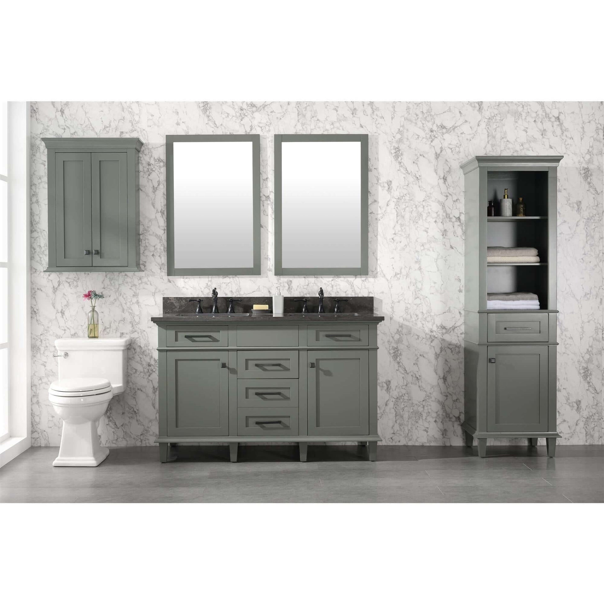 54" Pewter Green Finish Double Sink Vanity Cabinet With Blue Lime Stone Top - WLF2254-PG