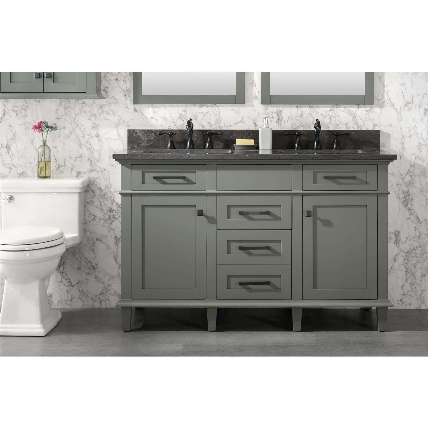 54" Pewter Green Finish Double Sink Vanity Cabinet With Blue Lime Stone Top - WLF2254-PG