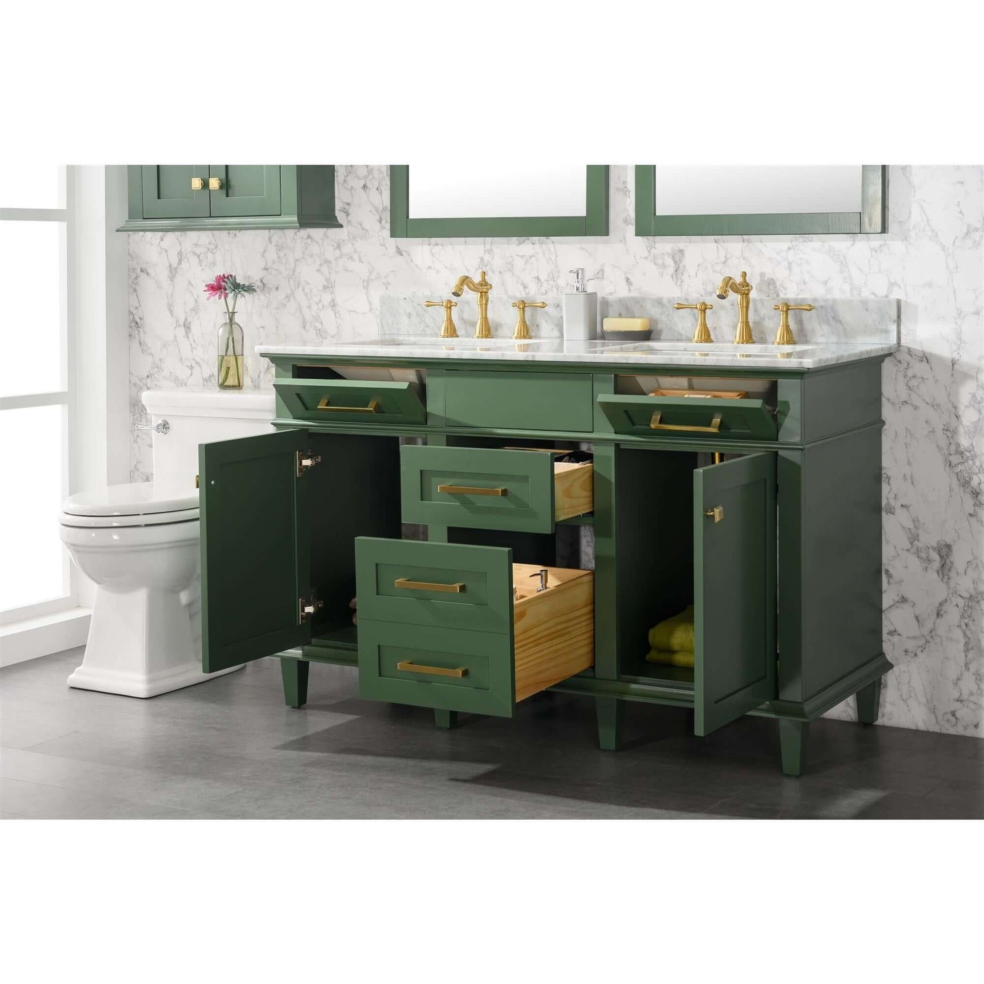 54" Vogue Green Finish Double Sink Vanity Cabinet With Carrara White Top - WLF2254-VG