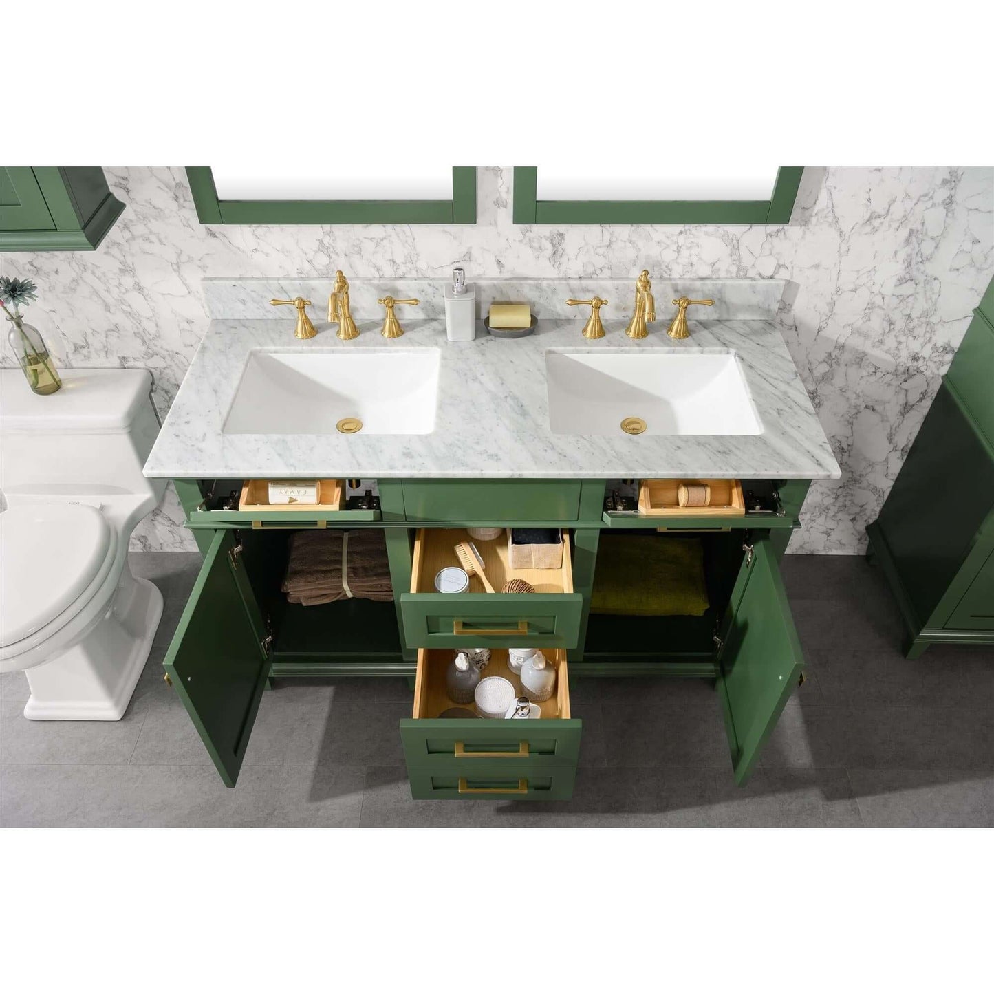 54" Vogue Green Finish Double Sink Vanity Cabinet With Carrara White Top - WLF2254-VG