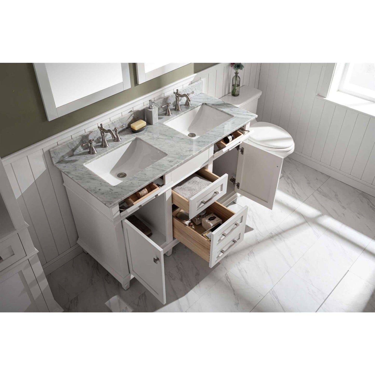 54" White Finish Double Sink Vanity Cabinet With Carrara White Top - WLF2254-W