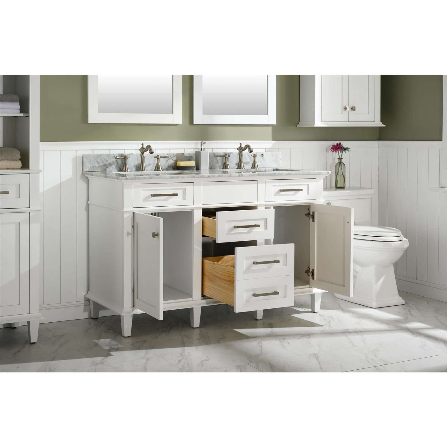 54" White Finish Double Sink Vanity Cabinet With Carrara White Top - WLF2254-W