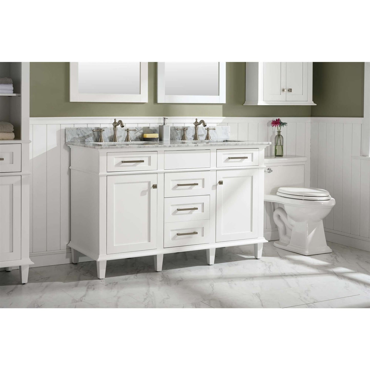 54" White Finish Double Sink Vanity Cabinet With Carrara White Top - WLF2254-W