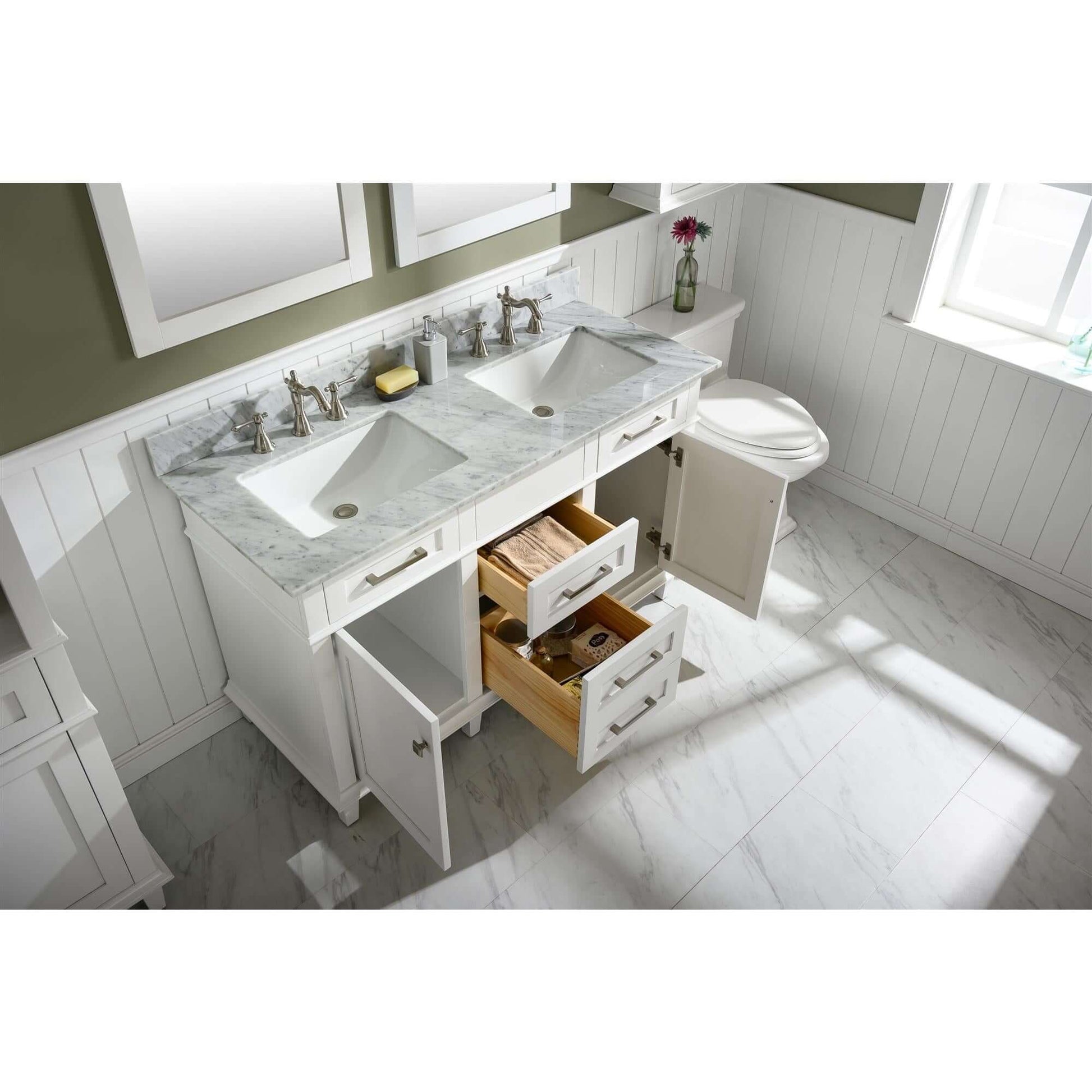 54" White Finish Double Sink Vanity Cabinet With Carrara White Top - WLF2254-W