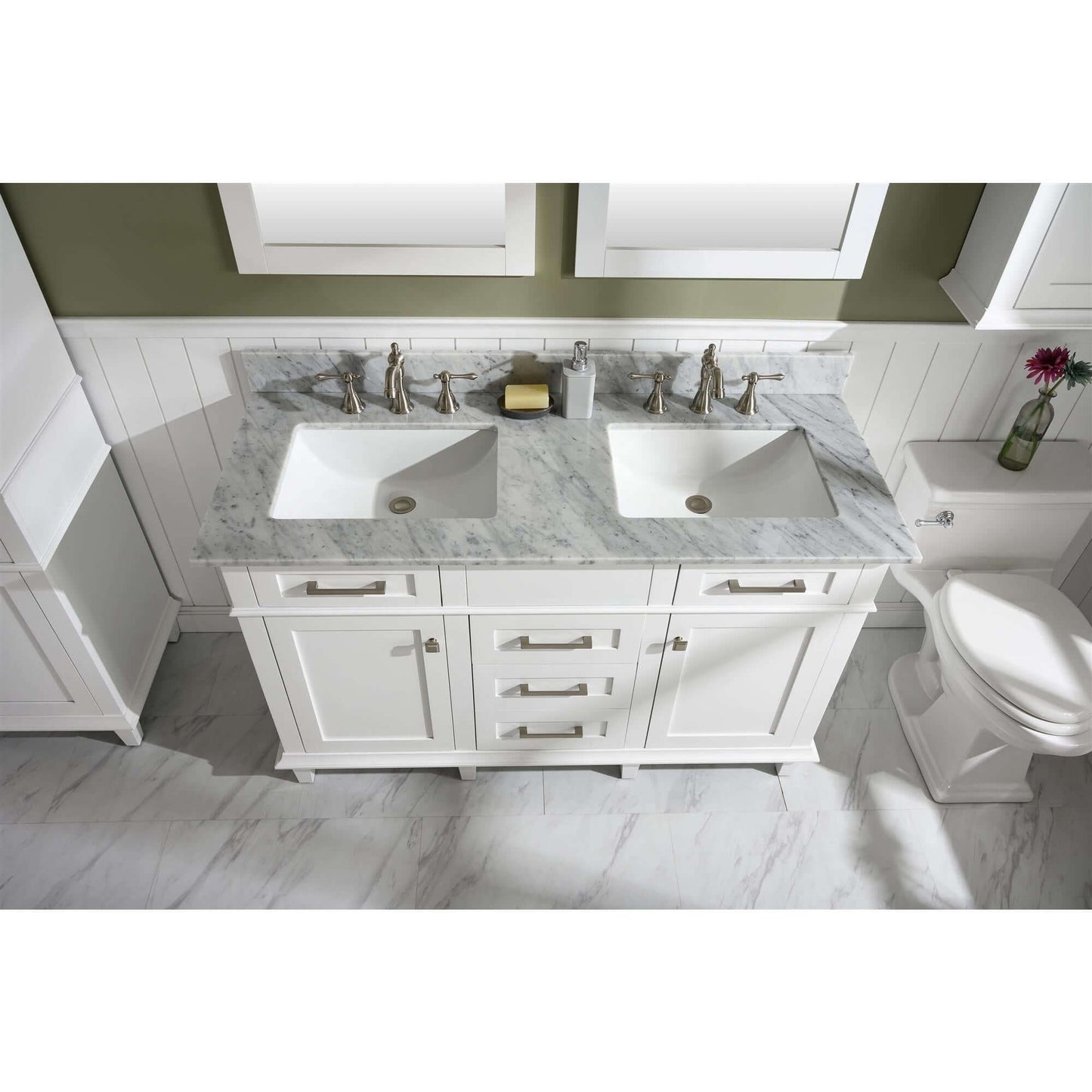 54" White Finish Double Sink Vanity Cabinet With Carrara White Top - WLF2254-W