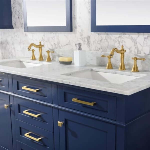 60" Blue Finish Double Sink Vanity Cabinet With Carrara White Top - WLF2260D-B