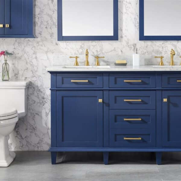 60" Blue Finish Double Sink Vanity Cabinet With Carrara White Top - WLF2260D-B