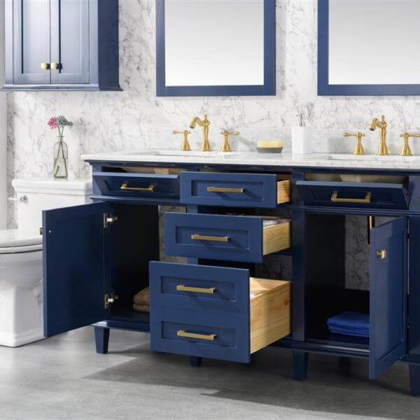 60" Blue Finish Double Sink Vanity Cabinet With Carrara White Top - WLF2260D-B