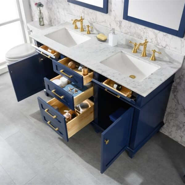 60" Blue Finish Double Sink Vanity Cabinet With Carrara White Top - WLF2260D-B