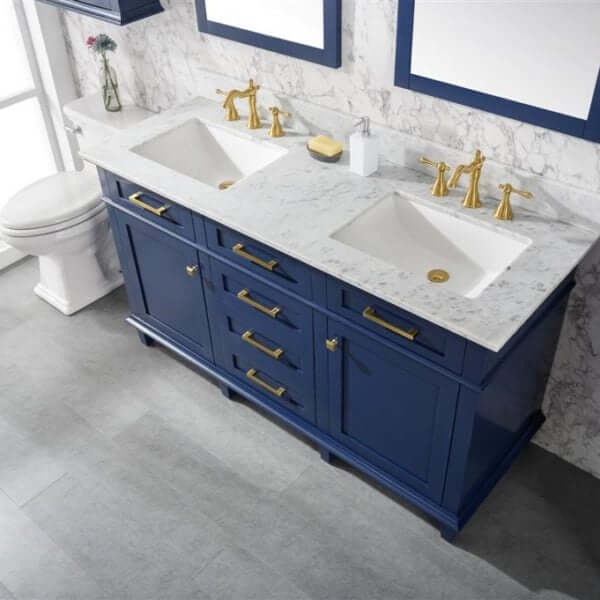 60" Blue Finish Double Sink Vanity Cabinet With Carrara White Top - WLF2260D-B