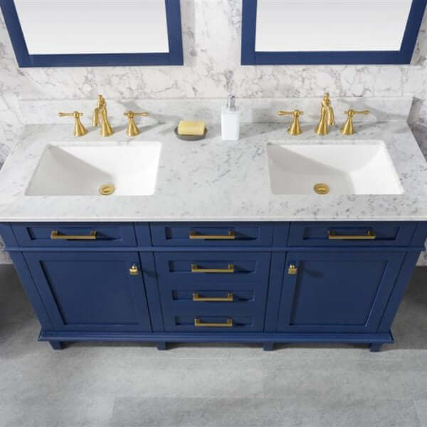 60" Blue Finish Double Sink Vanity Cabinet With Carrara White Top - WLF2260D-B