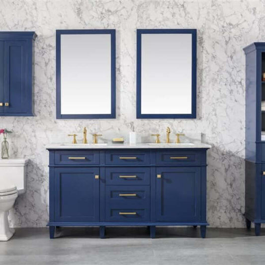 60" Blue Finish Double Sink Vanity Cabinet With Carrara White Top - WLF2260D-B