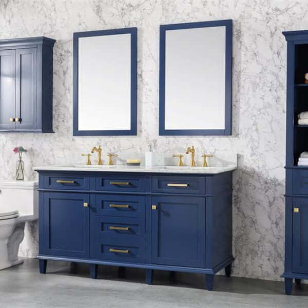 60" Blue Finish Double Sink Vanity Cabinet With Carrara White Top - WLF2260D-B