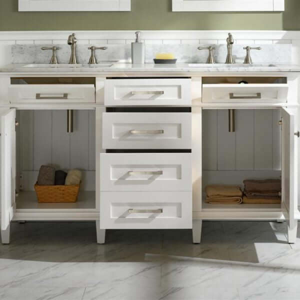 60" White Finish Double Sink Vanity Cabinet With Carrara White Top - WLF2260D-W