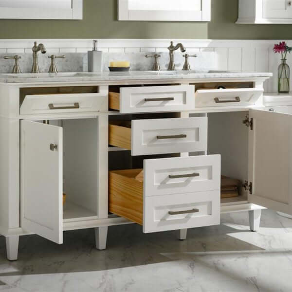 60" White Finish Double Sink Vanity Cabinet With Carrara White Top - WLF2260D-W