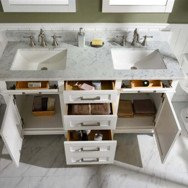 60" White Finish Double Sink Vanity Cabinet With Carrara White Top - WLF2260D-W