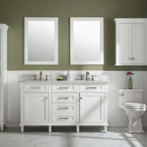 60" White Finish Double Sink Vanity Cabinet With Carrara White Top - WLF2260D-W