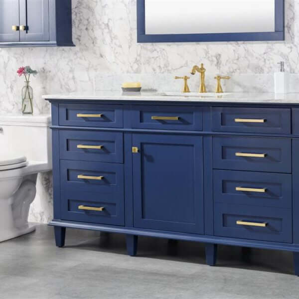 60" Blue Finish Single Sink Vanity Cabinet With Carrara White Top - WLF2260S-B