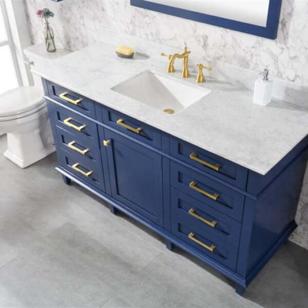 60" Blue Finish Single Sink Vanity Cabinet With Carrara White Top - WLF2260S-B