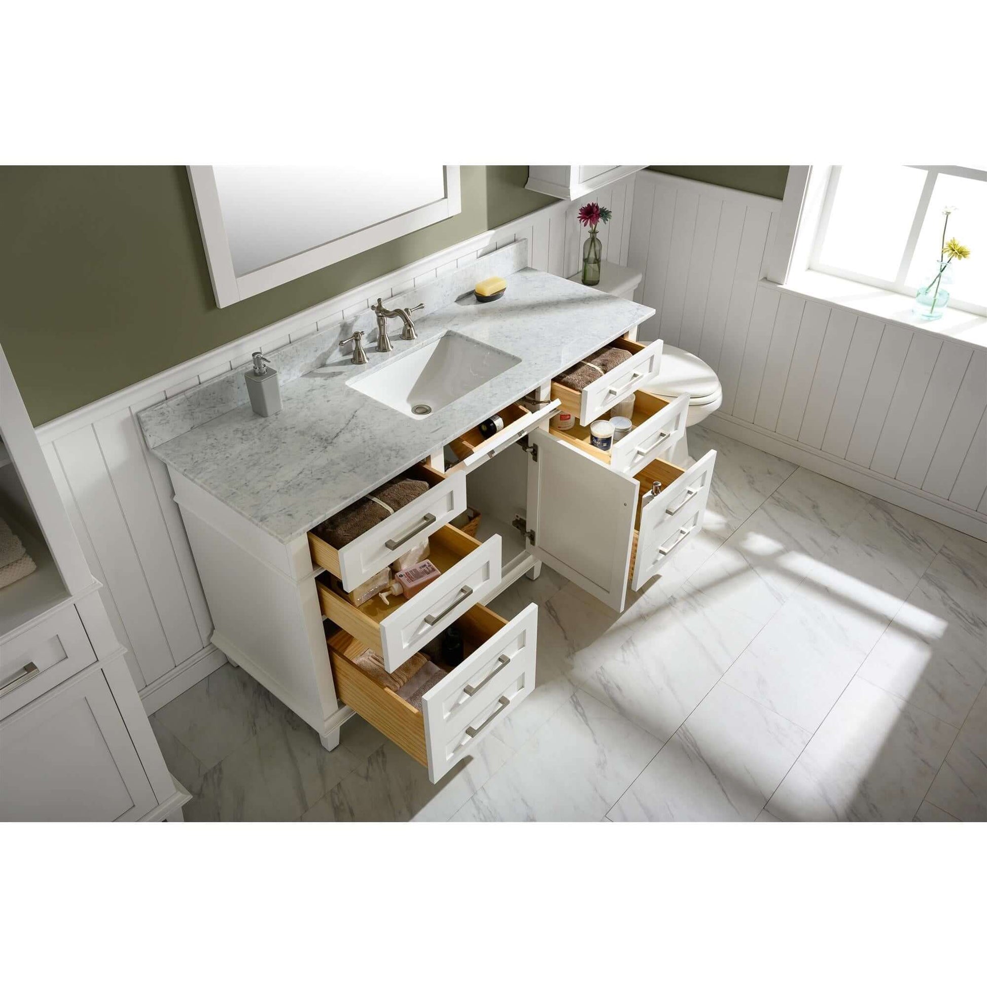 60" White Finish Single Sink Vanity Cabinet With Carrara White Top - WLF2260S-W