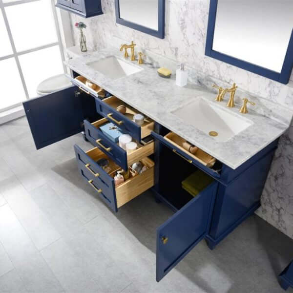 72" Blue Double Single Sink Vanity Cabinet With Carrara White Top - WLF2272-B