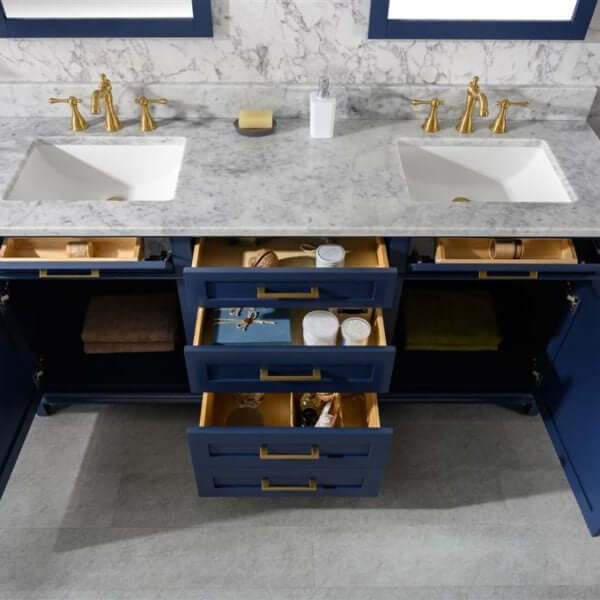 72" Blue Double Single Sink Vanity Cabinet With Carrara White Top - WLF2272-B