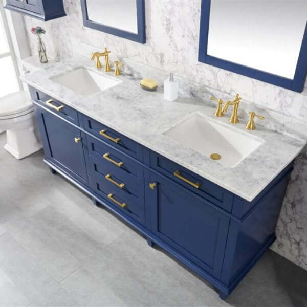 72" Blue Double Single Sink Vanity Cabinet With Carrara White Top - WLF2272-B