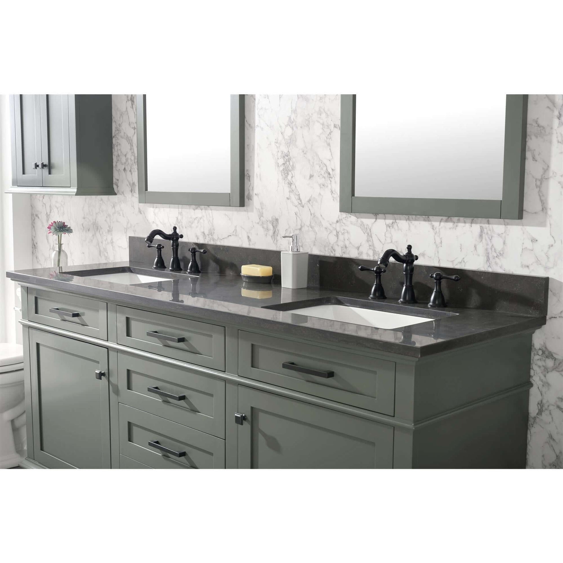 72" Pewter Green Double Single Sink Vanity Cabinet With Blue Lime Stone Top - WLF2272-PG