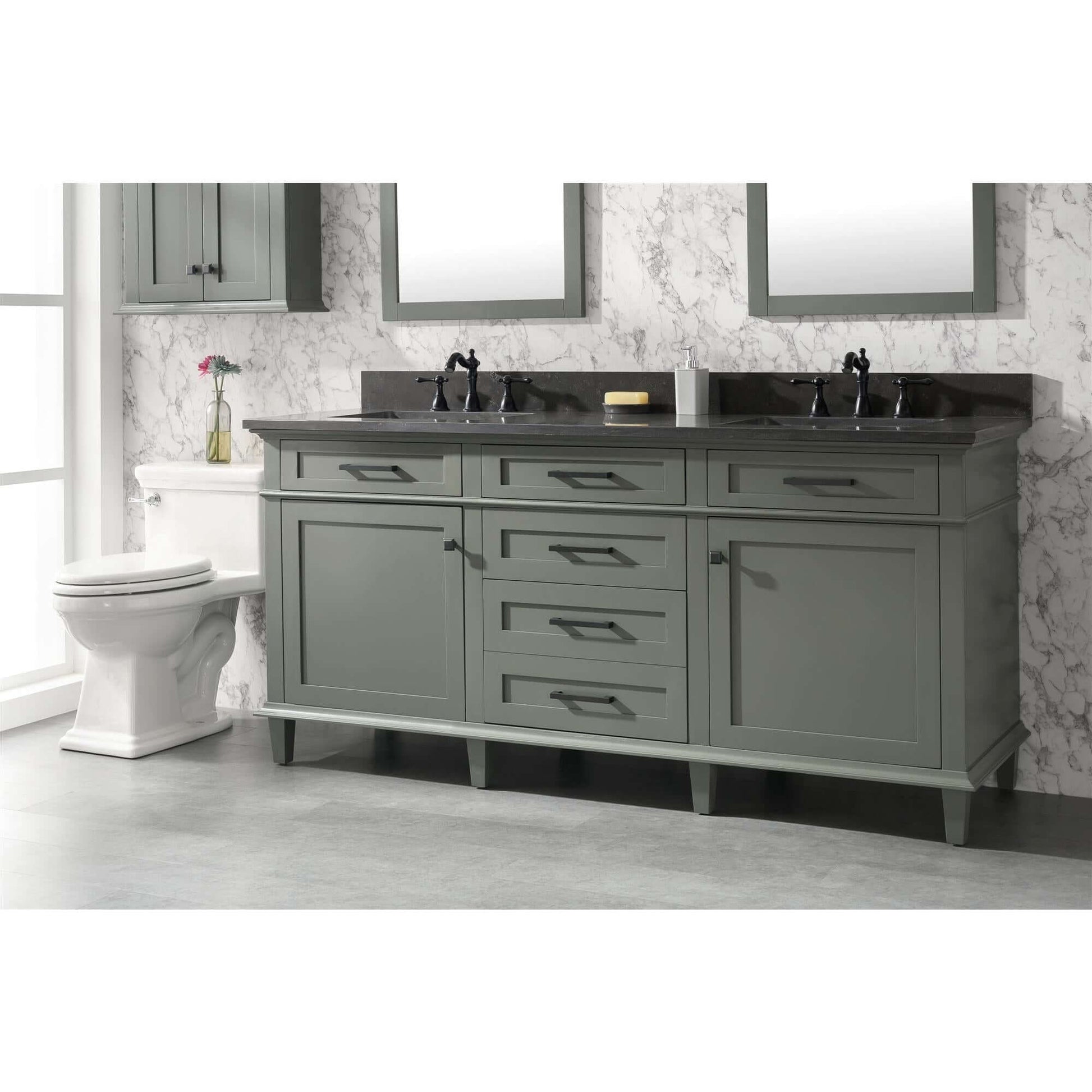 72" Pewter Green Double Single Sink Vanity Cabinet With Blue Lime Stone Top - WLF2272-PG