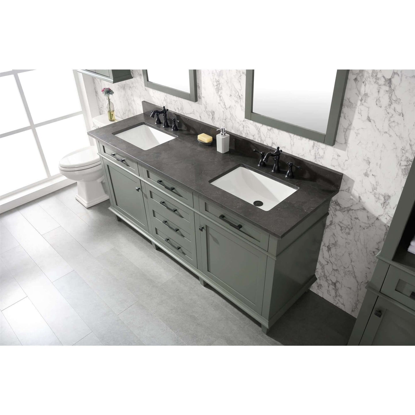 72" Pewter Green Double Single Sink Vanity Cabinet With Blue Lime Stone Top - WLF2272-PG