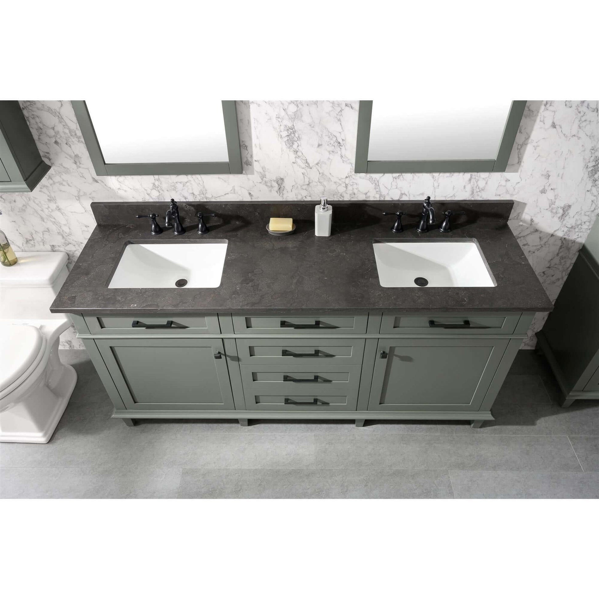 72" Pewter Green Double Single Sink Vanity Cabinet With Blue Lime Stone Top - WLF2272-PG