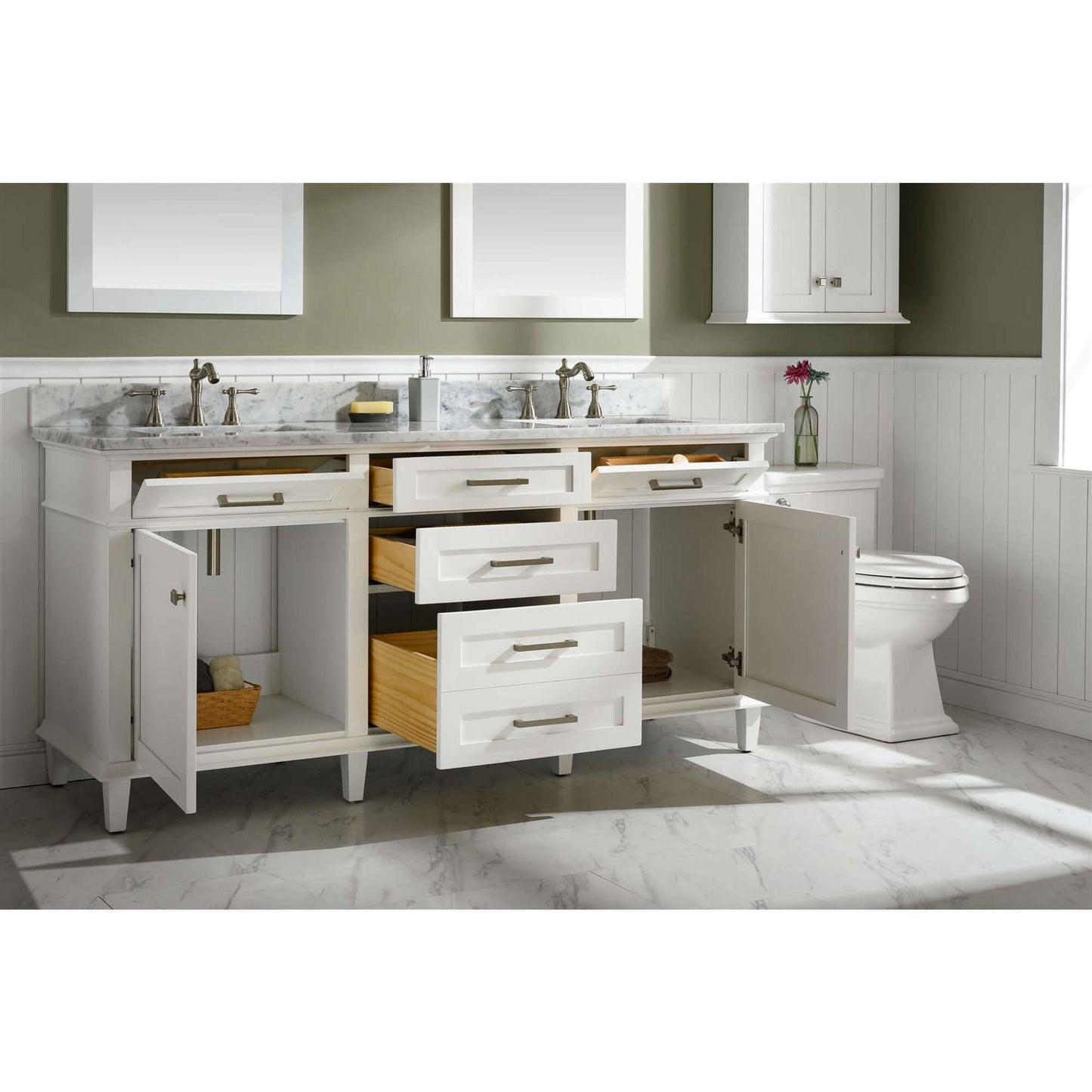 72" White Double Single Sink Vanity Cabinet With Carrara White Top - WLF2272-W