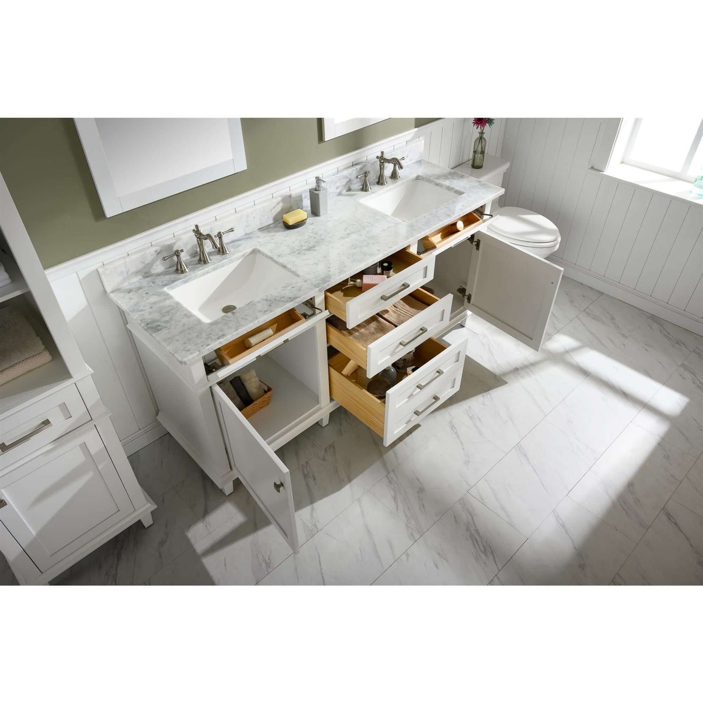 72" White Double Single Sink Vanity Cabinet With Carrara White Top - WLF2272-W