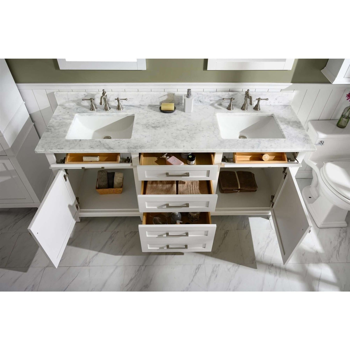 72" White Double Single Sink Vanity Cabinet With Carrara White Top - WLF2272-W