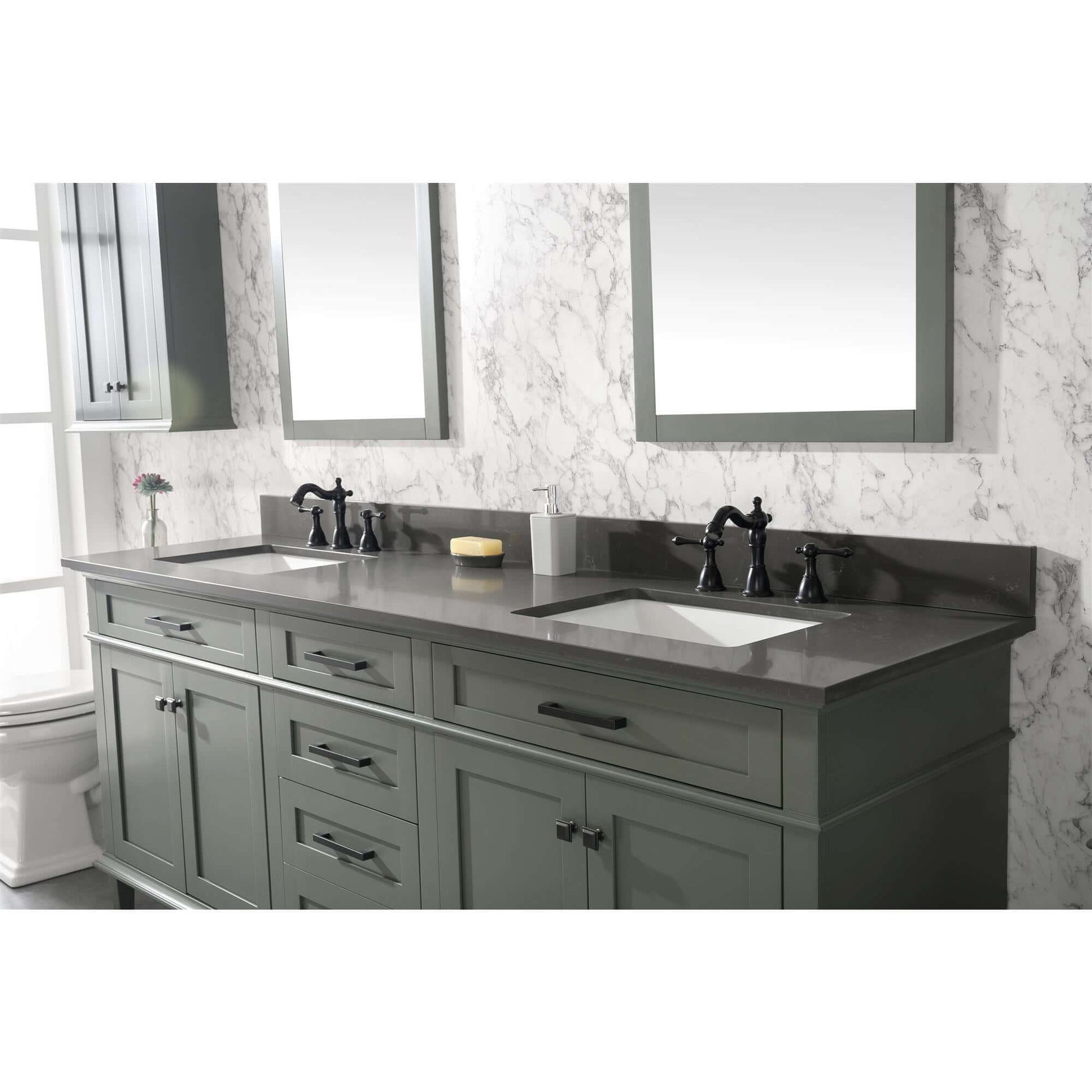 80" Pewter Green Double Single Sink Vanity Cabinet With Blue Lime Stone Quartz Top Wlf2280-Bs-Qz - WLF2280-PG