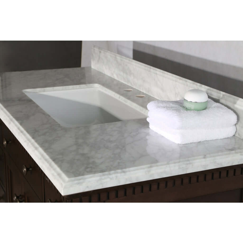 48" Antique Coffee Sink Vanity With Carrara White Top And Matching Backsplash Without Faucet - WLF6036-48