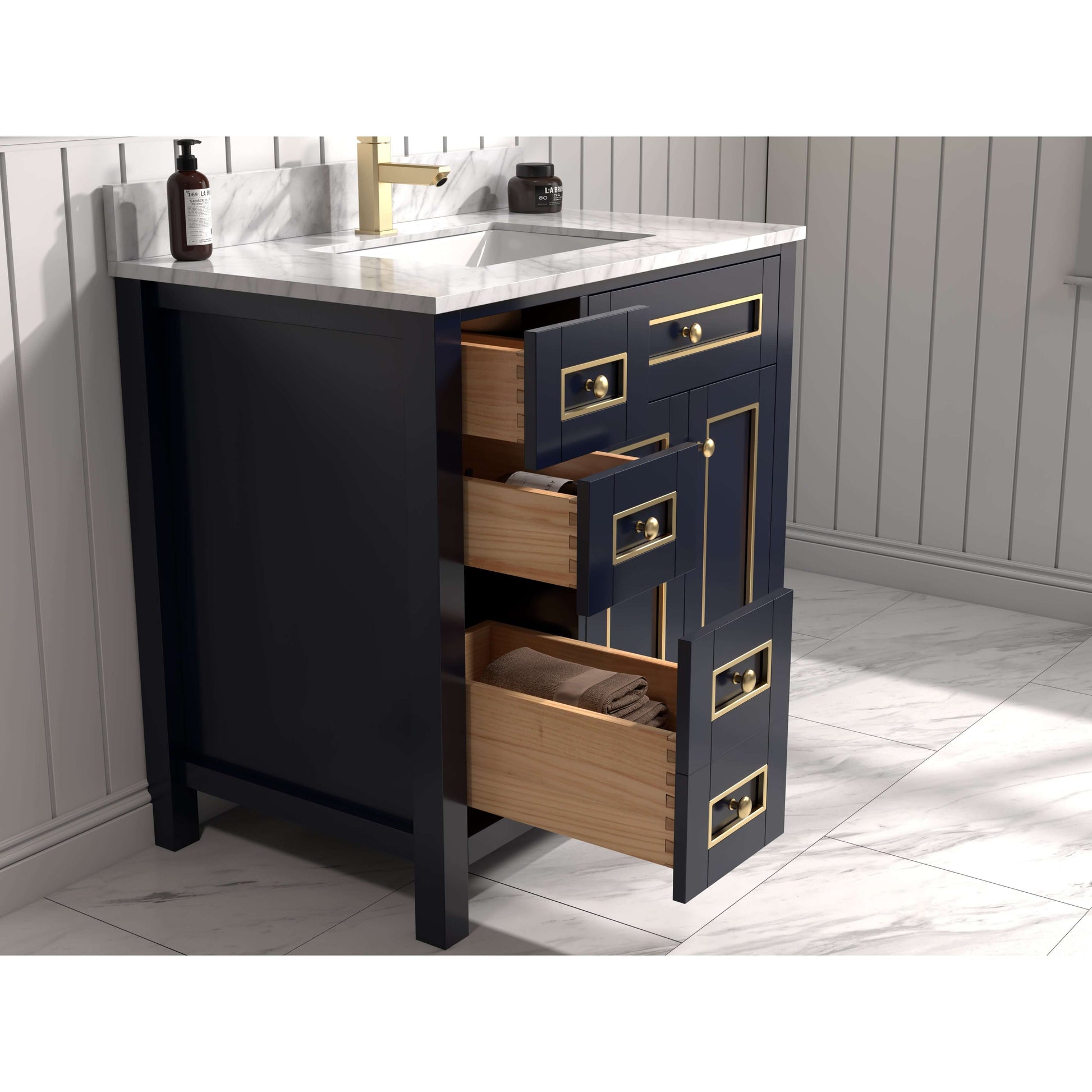 36" Blue Finish Sink Vanity Cabinet With Carrara White Top - WV2236-B