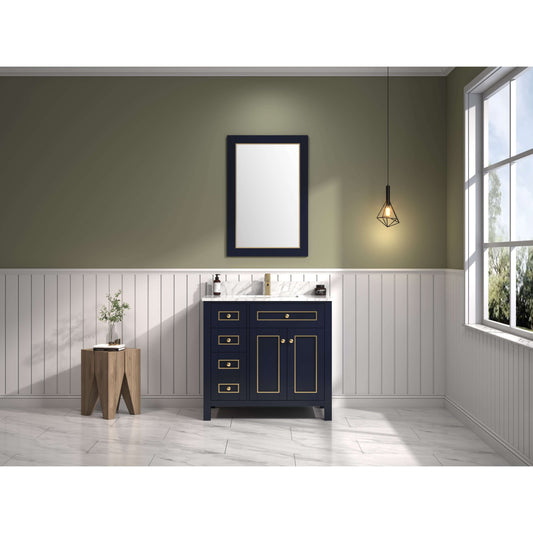 36" Blue Finish Sink Vanity Cabinet With Carrara White Top - WV2236-B