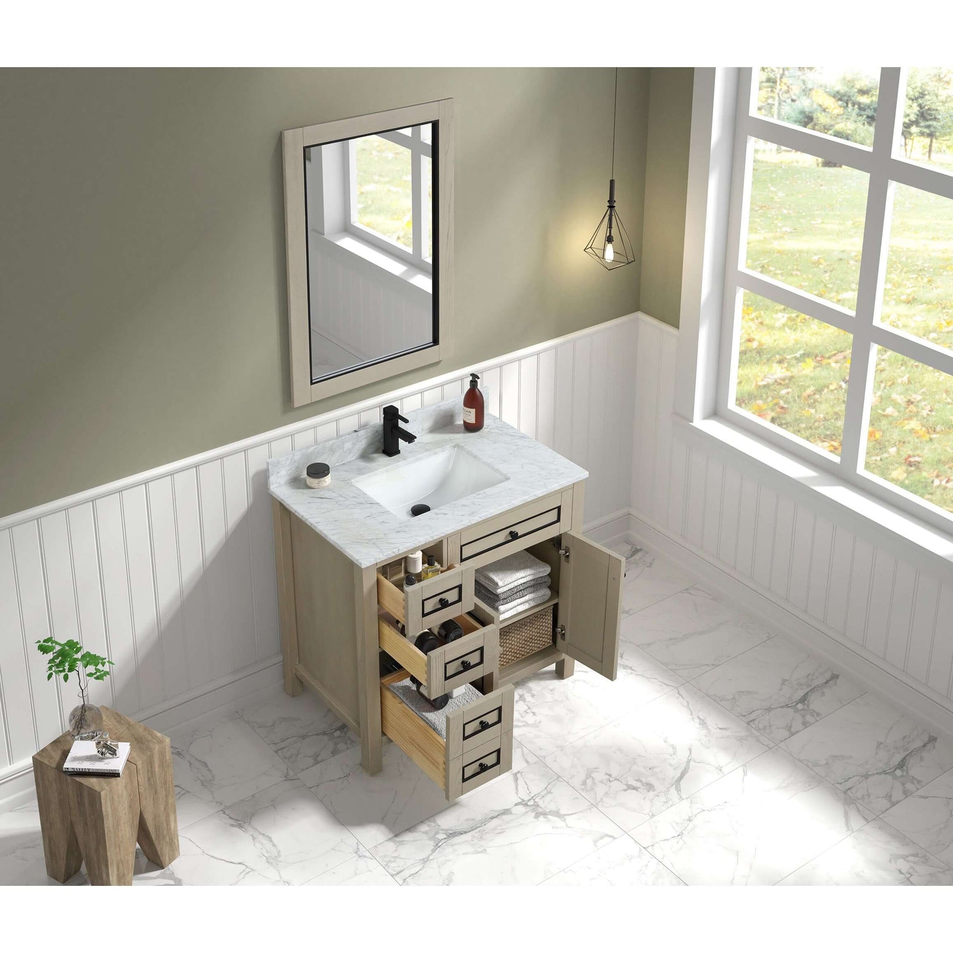 36" Light Oak Finish Sink Vanity Cabinet With Carrara White Top - WV2236-O