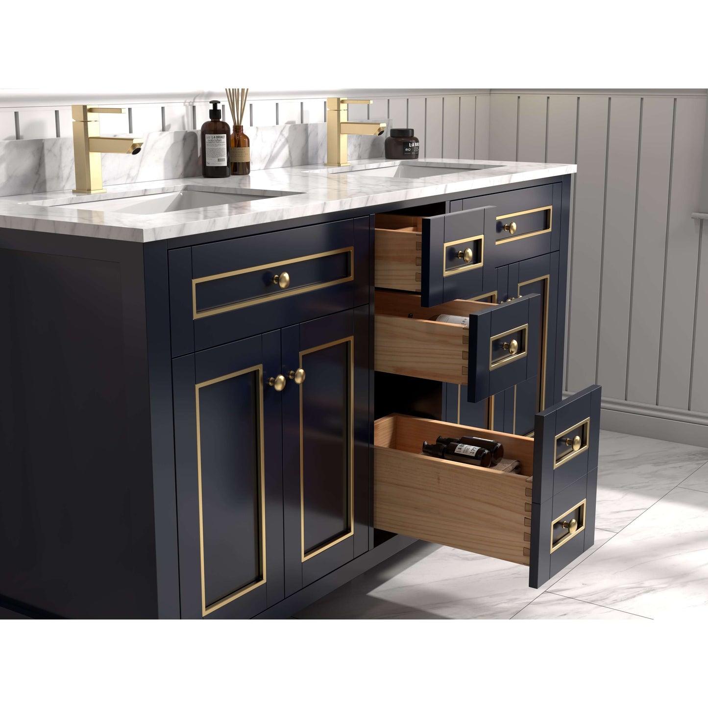 60" Blue Finish Double Sink Vanity Cabinet With Carrara White Top - WV2260-B