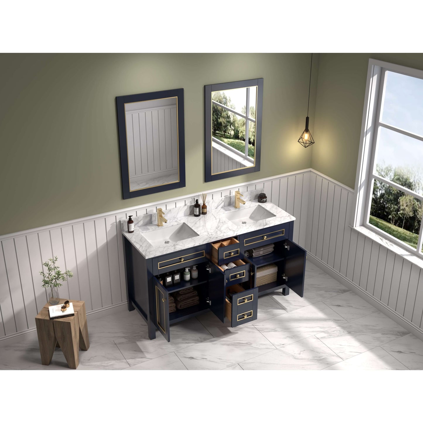 60" Blue Finish Double Sink Vanity Cabinet With Carrara White Top - WV2260-B