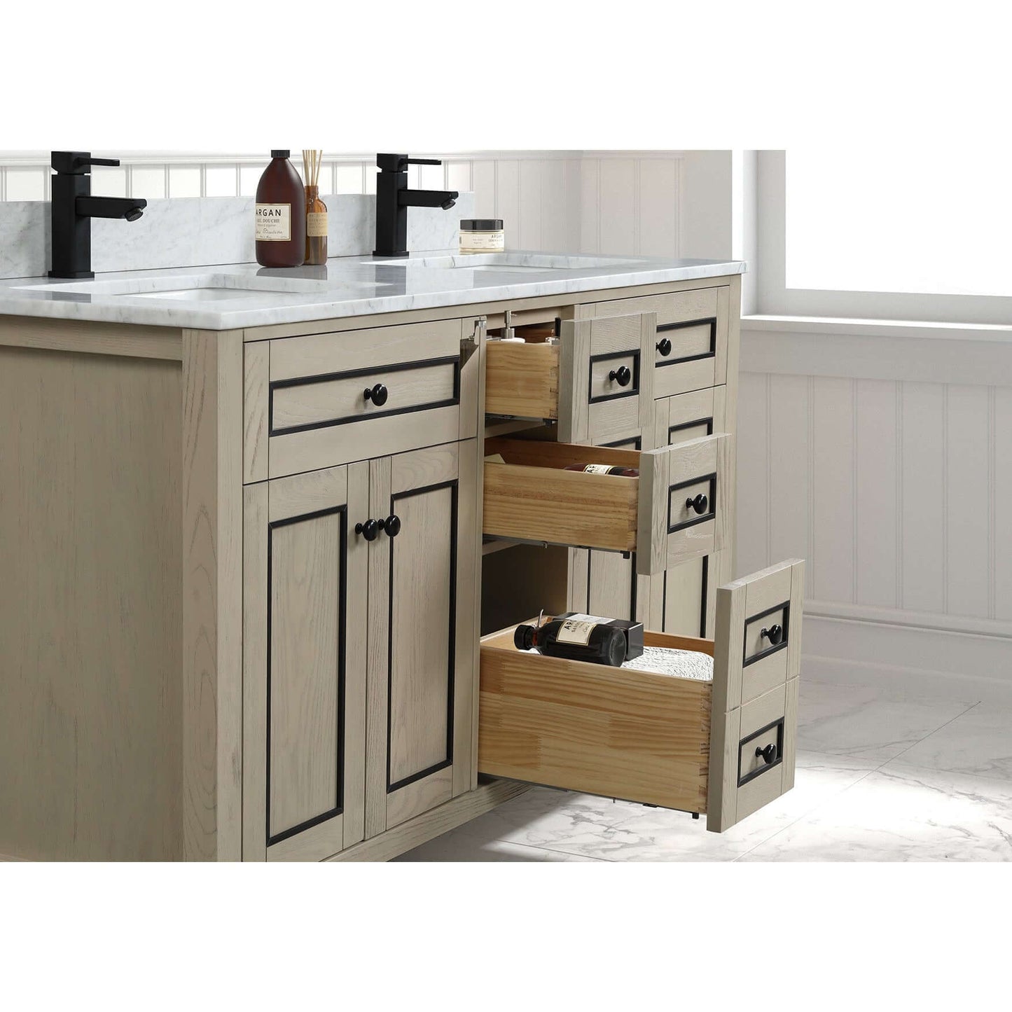 60" Light Oak Double Finish Sink Vanity Cabinet With Carrara White Top - WV2260-O