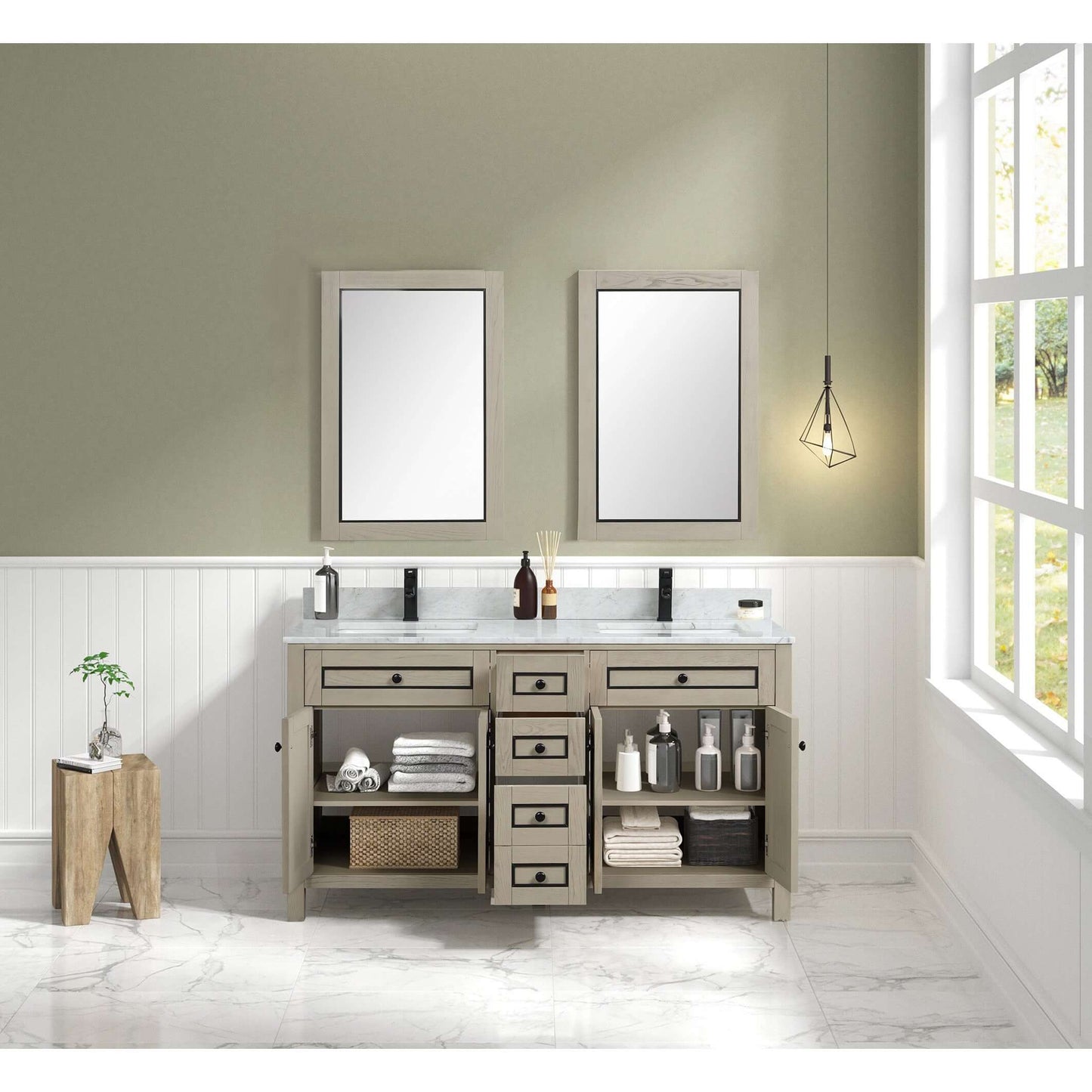 60" Light Oak Double Finish Sink Vanity Cabinet With Carrara White Top - WV2260-O