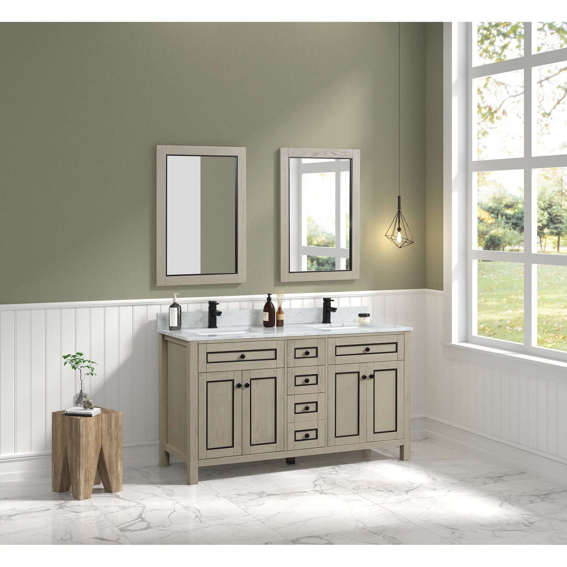 60" Light Oak Double Finish Sink Vanity Cabinet With Carrara White Top - WV2260-O