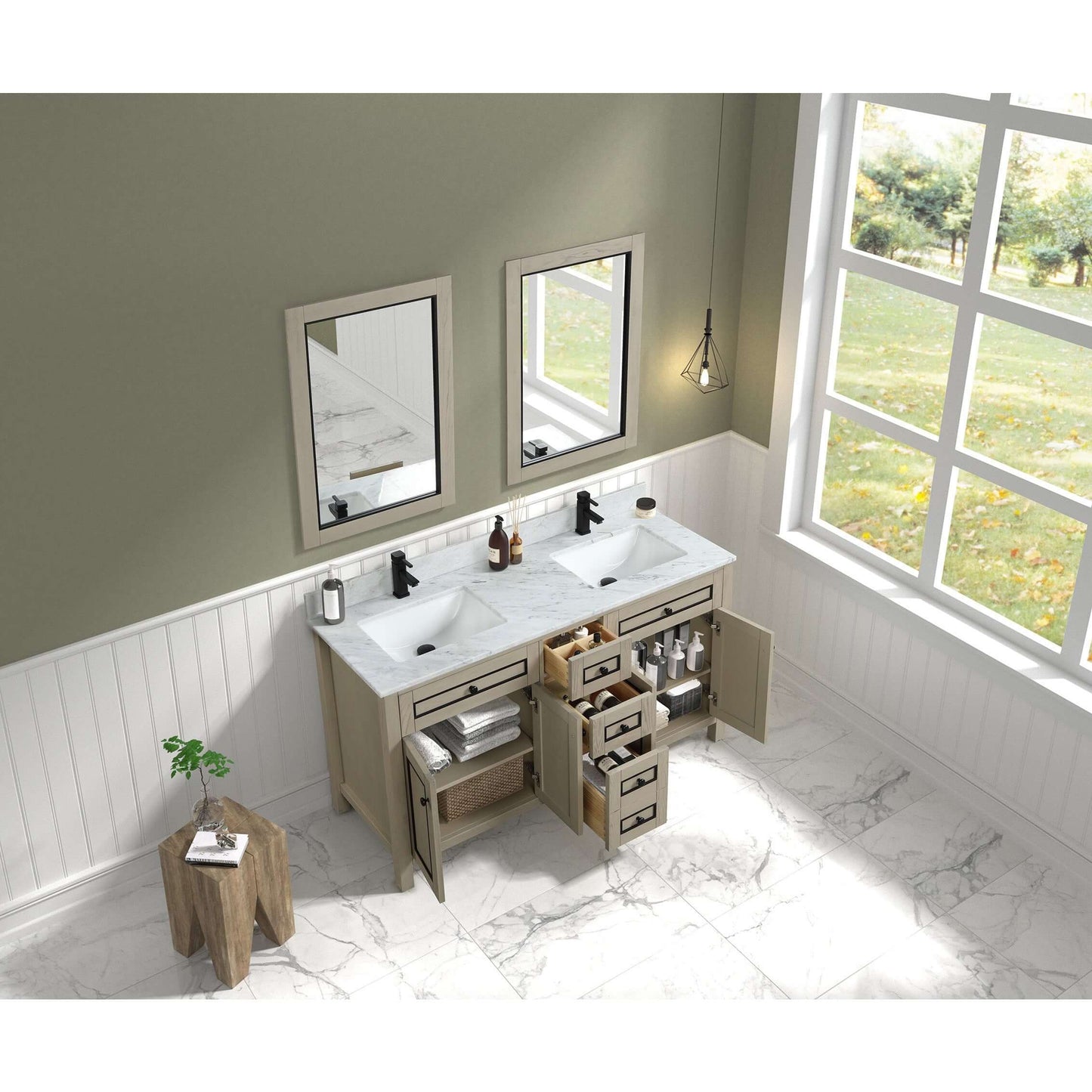 60" Light Oak Double Finish Sink Vanity Cabinet With Carrara White Top - WV2260-O