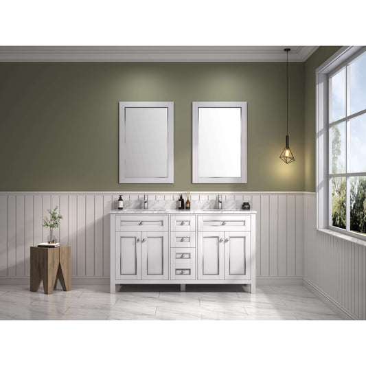 60" White Finish Double Sink Vanity Cabinet With Carrara White Top - WV2260-W