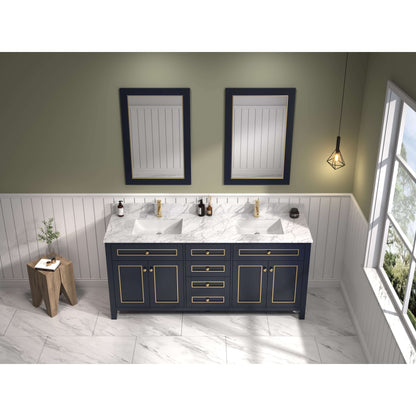 72" Blue Finish Double Sink Vanity Cabinet With Carrara White Top - WV2272-B