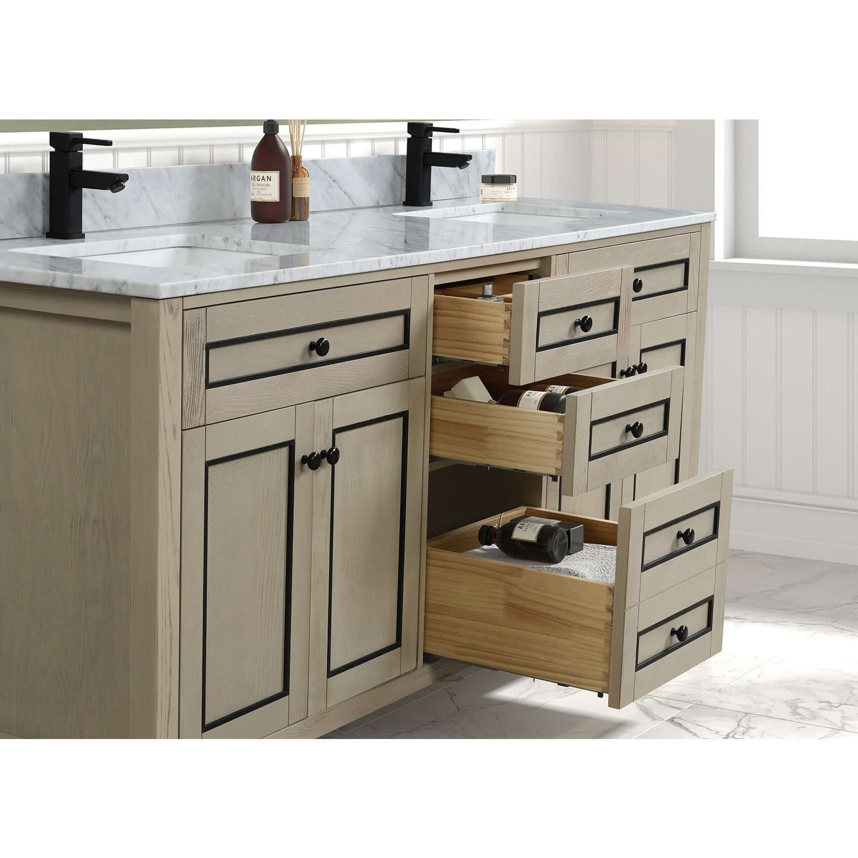 72" Light Oak Double Finish Sink Vanity Cabinet With Carrara White Top - WV2272-O