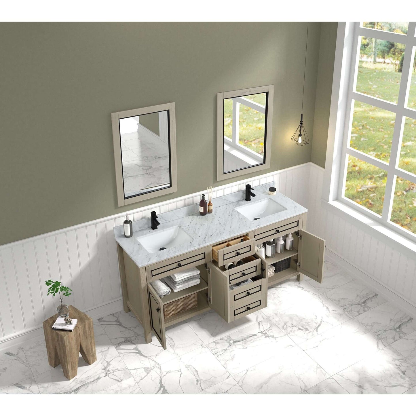 72" Light Oak Double Finish Sink Vanity Cabinet With Carrara White Top - WV2272-O