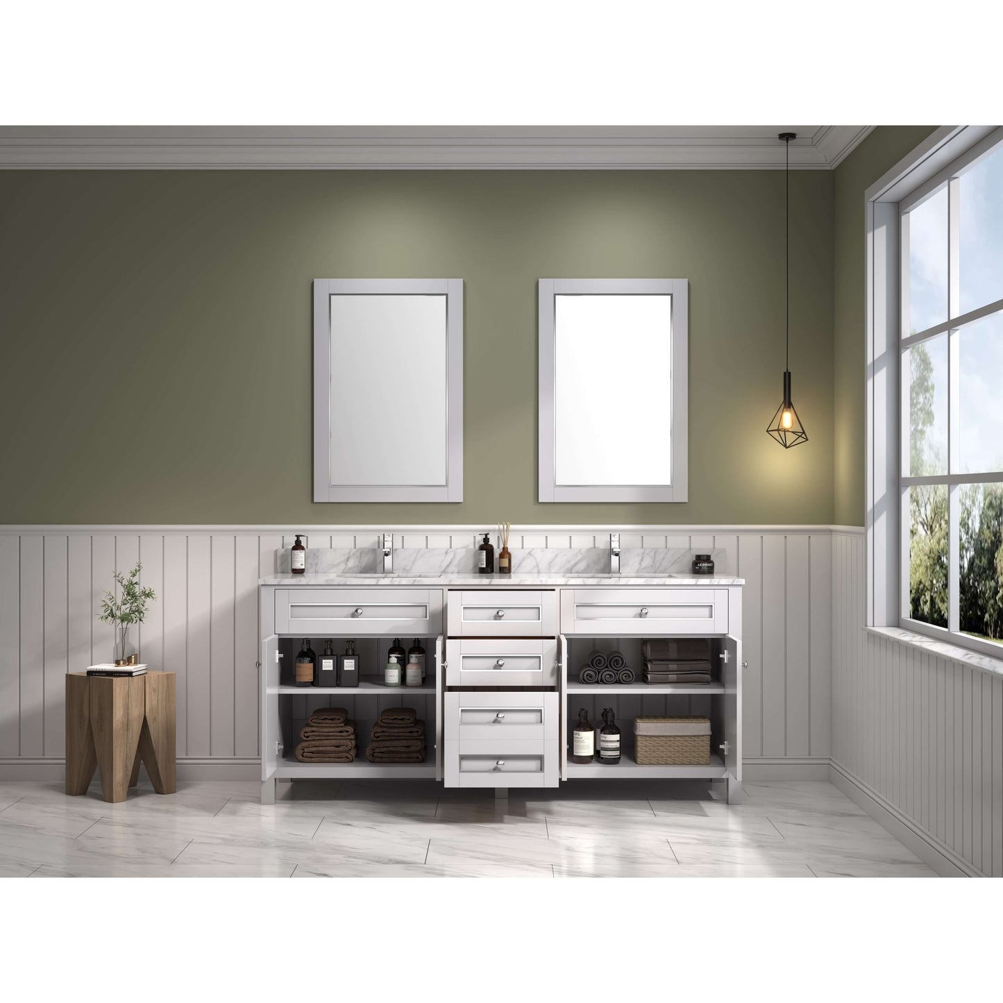 72" White Finish Double Sink Vanity Cabinet With Carrara White Top - WV2272-W